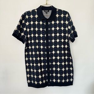 Express Diamond Geo Print Size Large Polo Sweater Blue Sport Navy Cotton